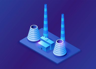 Termik santral 3d izometrik konsept, elektrik santralinin mavi neon vektör illüstrasyonu, elektrik santrali binası