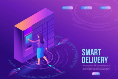 Kız paketten paket alır, teslimat konsepti, iniş sayfası şablonu, ui tasarımı, postamat terminalinin 3d izometrik çizimi, otomatik self servis makinesi, mor arkaplan
