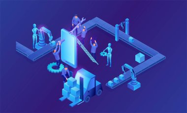 İnsanlarla ve robotlarla izometrik vektör birleştirme, neon mavi fabrika konsepti, taşıyıcı bantlı bitki ve forklifte paket koyan işçiler