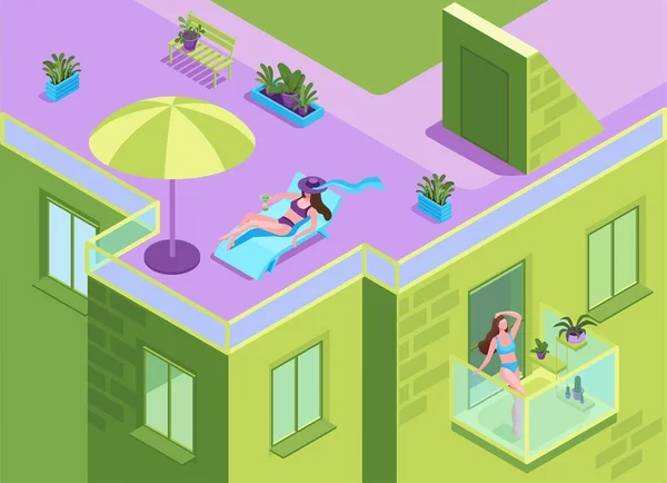 Дівчина в бікіні купається на даху житлового будинку під час карантину, жінка отримує засмагу на балконі багатоквартирного будинку, залишається вдома і безпечна концепція, 3d ізометрична ілюстрація — стоковий вектор
