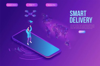 İnsansız hava aracı bir adama, kuadkopter, teslimat konsepti, kutu ulaşım yeniliği teknolojisi, 3D izometrik düz vektör çizimi, iniş sayfası şablonu