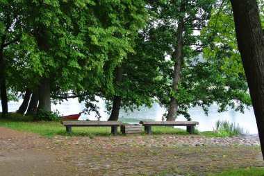 Yağmurlu gün Trakai doğal park, bir göl, eski büyük ağaçlar, ahşap banklar görünümüne ve balıkçı teknesi, Litvanya.