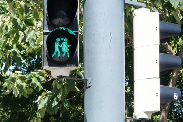 Vienna, Avusturya - 29 Temmuz 2016: Yakından görmek yeşil trafik ışığı ile an imge-in iki ayaklı lezbiyen kızlar merkezi Viyana, Avusturya.