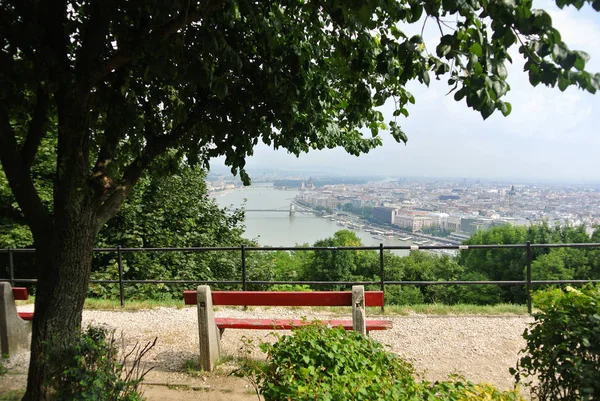 Um miradouro no parque sobre a colina em Budapeste, uma vista para o rio Danúbio e um edifício do Parlamento e um banco sob um três, Hungria . — Fotografia de Stock