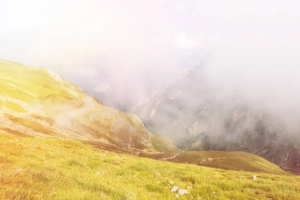 Tonas panoramautsikt över bergskedjan Carpatian, serpentin sökväg och en stor dimma moln på bakgrunden, Bucegi naturpark, Rumänien, solig sommardag. — Stockfoto