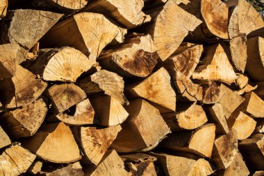 Doğal rustik ahşap arka plan, kıyılmış kuru odun günlükleri kış fırın için akşam güneş ışığı üzerinde ücret..