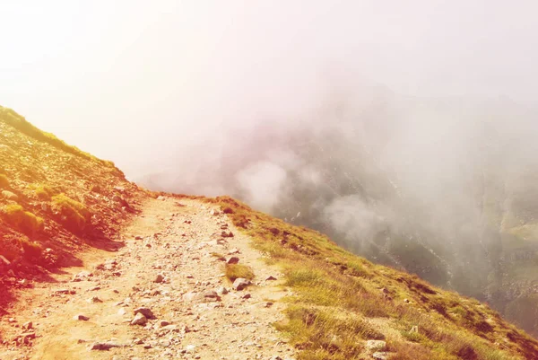 Toned serpentine path going down in the Carpatian mountains and a big fog cloud at the background, Bucegi natural park, Romania, on sunny summer day.