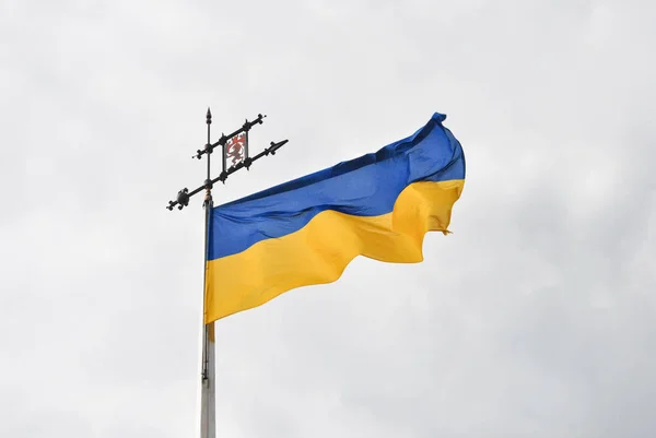曇りの日、ウクライナのリヴィウの丘の上を風に振って古いウクライナ国旗を閉じる. — ストック写真