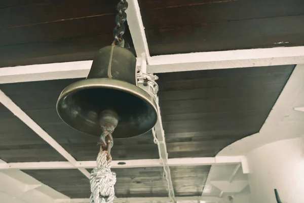 Closeup view of vintage navy ship bell made of brass and the cei Telifsiz Stok Fotoğraflar