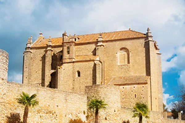 Una vista da vicino alle porte della città, mura, palme e una chiesa di Santa — Foto Stock