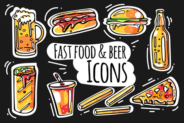 Vector Illustration Design Doodle Fast Food Beer Icons Black Background — Stock Vector