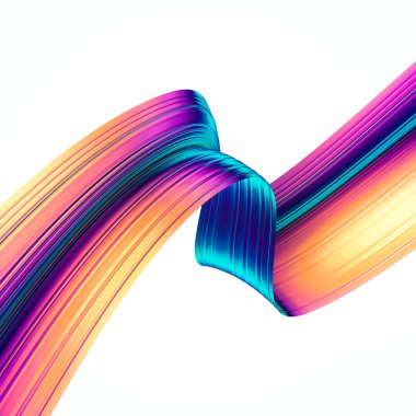 3D render arka plan. Renkli 90s stil bükülmüş şekiller hareket halinde. Yanardöner dijital sanat poster, afiş arka plan, tasarım öğesi için. Holografik izole folyo şerit beyaz arka plan üzerinde.