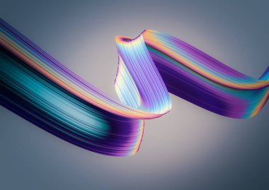 3D render arka plan. Renkli 90s stil bükülmüş şekiller hareket halinde. Yanardöner dijital sanat baskı veya web poster, afiş, tasarım öğesi için. Holografik folyo kurdele oluklu doku ile.