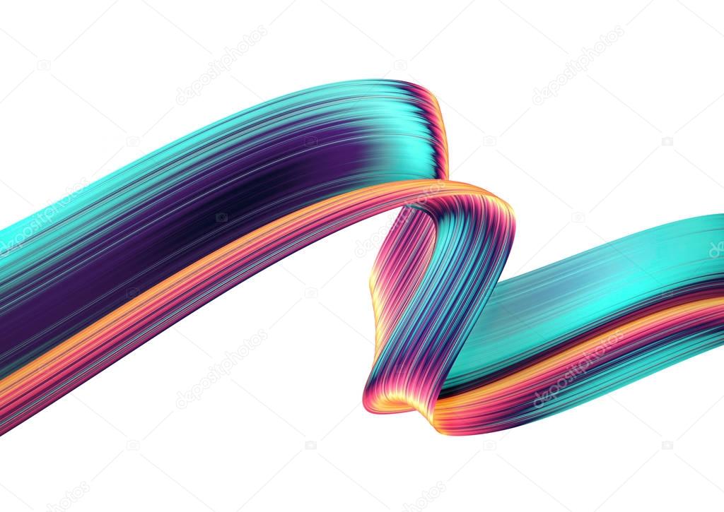3D render abstract background. Colorful 90s style twisted shapes in motion. Iridescent digital art for poster, banner background, design element. Holographic isolated foil ribbon on white background.