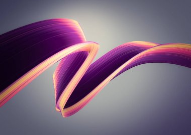 3D render arka plan. Renkli 90s stil bükülmüş şekiller hareket halinde. Yanardöner dijital sanat baskı veya web poster, afiş, tasarım öğesi için. Holografik folyo kurdele oluklu doku ile.