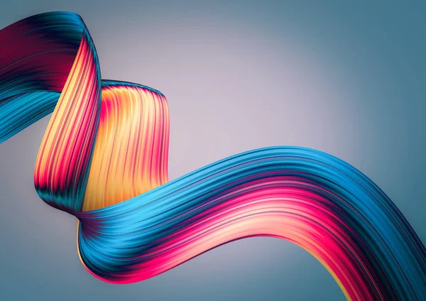 3D render arka plan. Renkli 90s stil bükülmüş şekiller hareket halinde. Yanardöner dijital sanat baskı veya web poster, afiş, tasarım öğesi için. Holografik folyo kurdele oluklu doku ile.