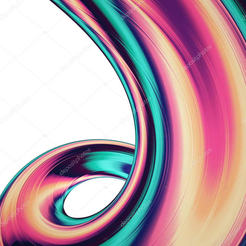 3D render abstract background. Colorful 90s style twisted shapes in motion. Iridescent digital art for poster, banner background, design element. Holographic isolated foil ribbon on white background.