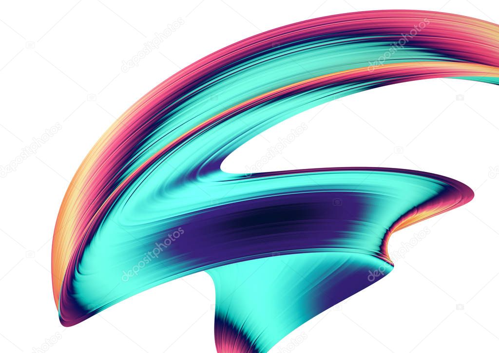 3D render abstract background. Colorful 90s style twisted shapes in motion. Iridescent digital art for poster, banner background, design element. Holographic isolated foil ribbon on white background.