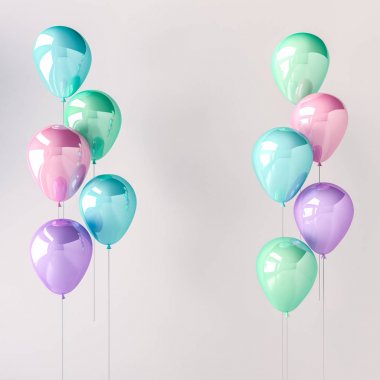 Mavi, yeşil, pembe ve mor parlak balonlar gri arka plan üzerinde sopa kümesi. doğum günü, parti, düğün ya da promosyon afiş ve posterler için 3D render. Pastel renk ve gerçekçi illüstrasyon.