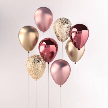 Pembe ve altın parlak balon sopa ile beyaz arka plan üzerinde parıldıyor kümesi. doğum günü, parti, düğün ya da promosyon afiş ve posterler için 3D render. Canlı ve gerçekçi illüstrasyon.