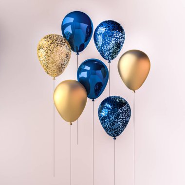 Koyu mavi ve altın parlak balon sopa ile beyaz arka plan üzerinde parıldıyor kümesi. doğum günü, parti, düğün ya da promosyon afiş ve posterler için 3D render. Canlı ve gerçekçi illüstrasyon.
