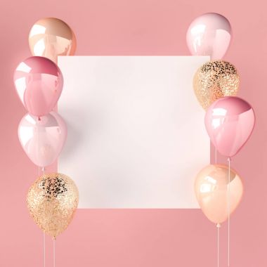Pink color and golden balloons with sequins and white sticker. Pink background for social media. 3D render for birthday, party, wedding or promotion banners. Vibrant and realistic illustration.