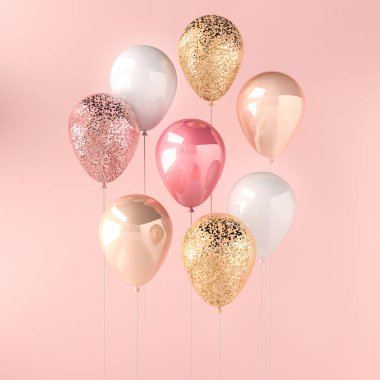 Pembe, beyaz ve altın parlak balonlarla çubuk üzerinde pembe bir arka plan üzerinde parıldıyor kümesi. doğum günü, parti, düğün ya da promosyon afiş ve posterler için 3D render. Canlı ve gerçekçi illüstrasyon.