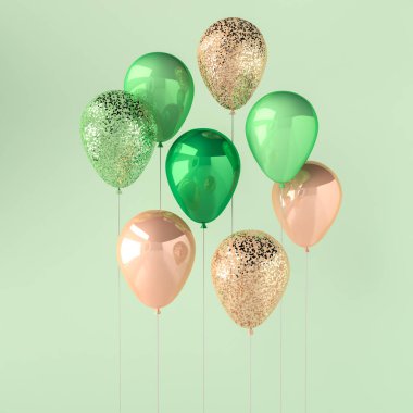 Yeşil ve altın parlak balonlarla sopa sparkles yeşil zemin üzerine kümesi. doğum günü, parti, düğün ya da promosyon afiş ve posterler için 3D render. Canlı ve gerçekçi illüstrasyon.