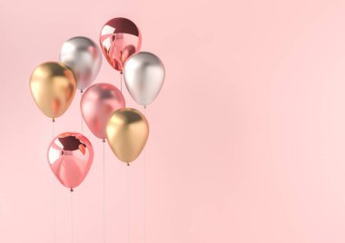 Pembe, beyaz ve altın parlak balonlarla çubuk üzerinde pembe bir arka plan üzerinde parıldıyor kümesi. doğum günü, parti, düğün ya da promosyon afiş ve posterler için 3D render. Canlı ve gerçekçi illüstrasyon.