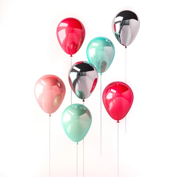 Dekorativa Sammansättning Färgrika Glansiga Ballonger Isolerad Vit Bakgrund — Stockfoto
