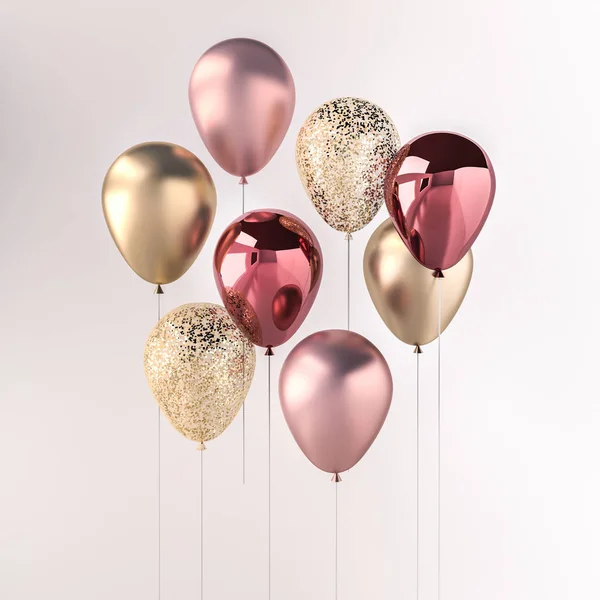 Pembe ve altın parlak balon sopa ile beyaz arka plan üzerinde parıldıyor kümesi. doğum günü, parti, düğün ya da promosyon afiş ve posterler için 3D render. Canlı ve gerçekçi illüstrasyon.
