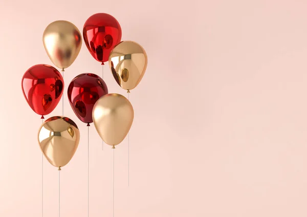 Gerçekçi parlak metalik balon doğum günü, parti, promosyon sosyal medya afiş ve posterler için boş alan içeren kümesi. 3D render illüstrasyon. Dünya Kadınlar Günü teması.