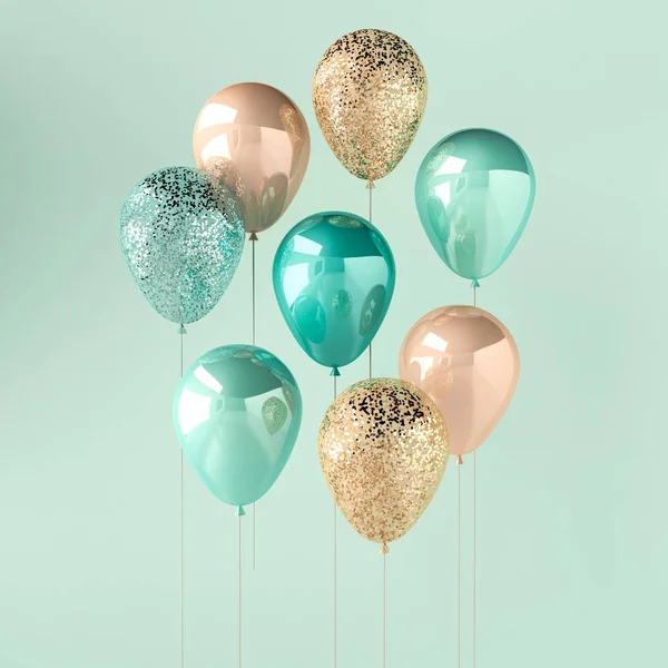 一套绿松石和金色光泽的气球上的棍子上闪闪发光的蓝色背景 为生日 婚礼或促销横幅或海报渲染 生动逼真的插图 — 图库照片