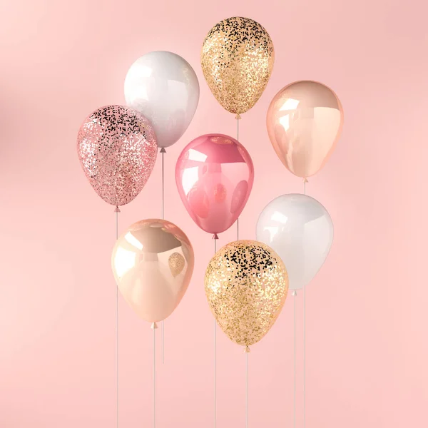 Pembe, beyaz ve altın parlak balonlarla çubuk üzerinde pembe bir arka plan üzerinde parıldıyor kümesi. doğum günü, parti, düğün ya da promosyon afiş ve posterler için 3D render. Canlı ve gerçekçi illüstrasyon.