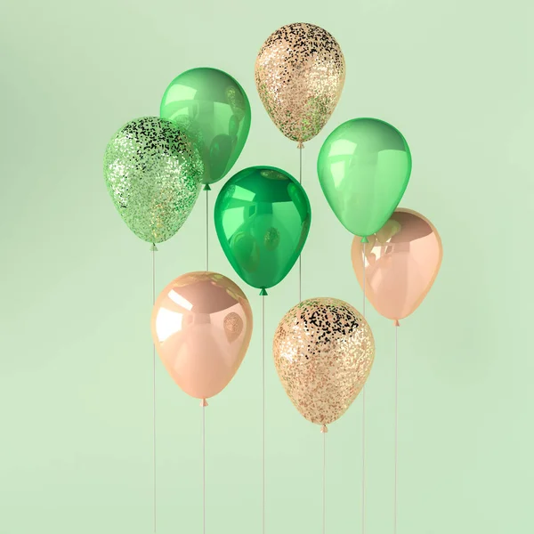 一组绿色和金色的光泽气球上的棍子上闪闪发光的绿色背景 为生日 婚礼或促销横幅或海报渲染 生动逼真的插图 — 图库照片