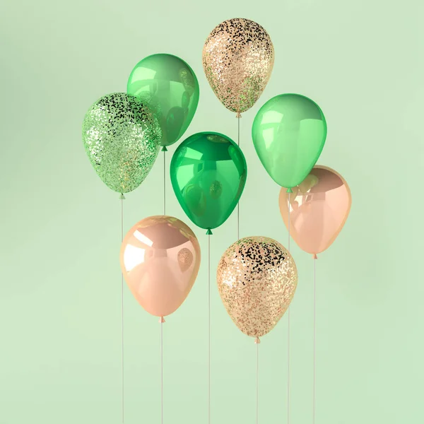 Yeşil ve altın parlak balonlarla sopa sparkles yeşil zemin üzerine kümesi. doğum günü, parti, düğün ya da promosyon afiş ve posterler için 3D render. Canlı ve gerçekçi illüstrasyon.