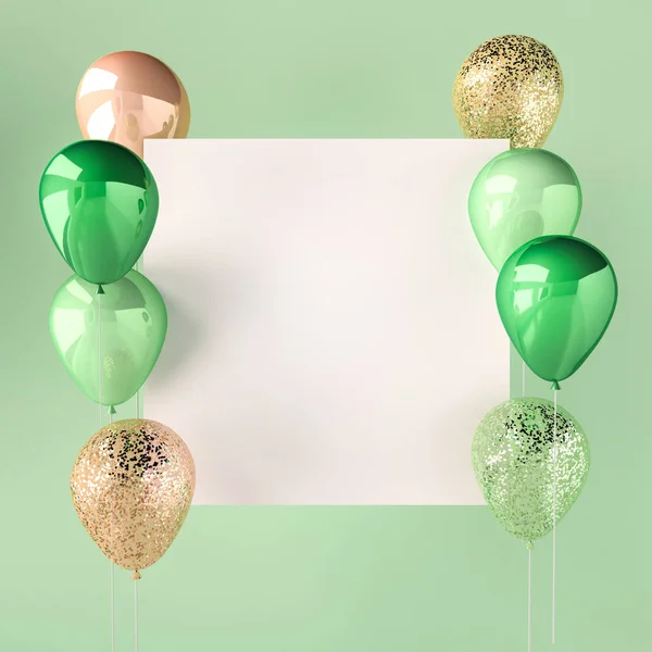 Set Green Golden Glossy Balloons Stick Sparkles Green Background Render — Stock Photo, Image