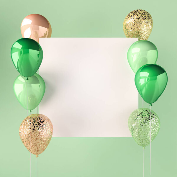 Conjunto de globos brillantes verdes y dorados en el palo con destellos sobre fondo verde. 3D renderizar para cumpleaños, fiesta, boda o promoción banners o carteles. Ilustración vibrante y realista
. — Imagen de stock Conjunto Globos Brillantes Verdes Dorados Palo Con Destellos Sobre Fondo Imagen De Stock