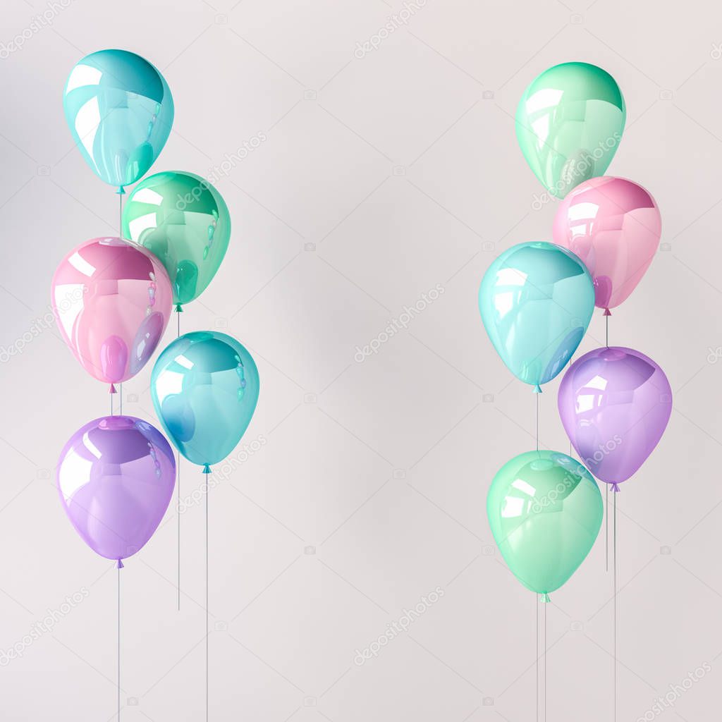 Set of blue, green, pink and purple glossy balloons on the stick on grey background. 3D render for birthday, party, wedding or promotion banners or posters. Pastel color and realistic illustration.