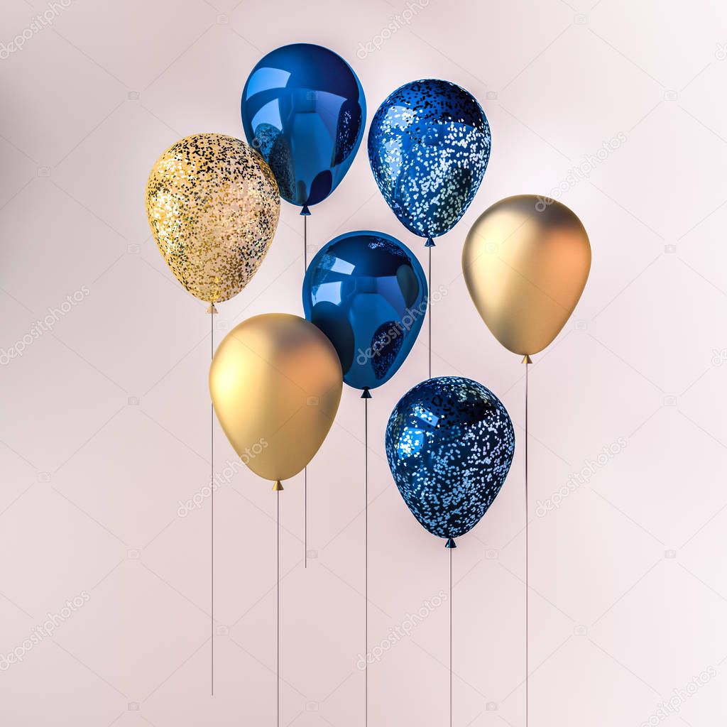 Set of dark blue and golden glossy balloons on the stick with sparkles on white background. 3D render for birthday, party, wedding or promotion banners or posters. Vibrant and realistic illustration.