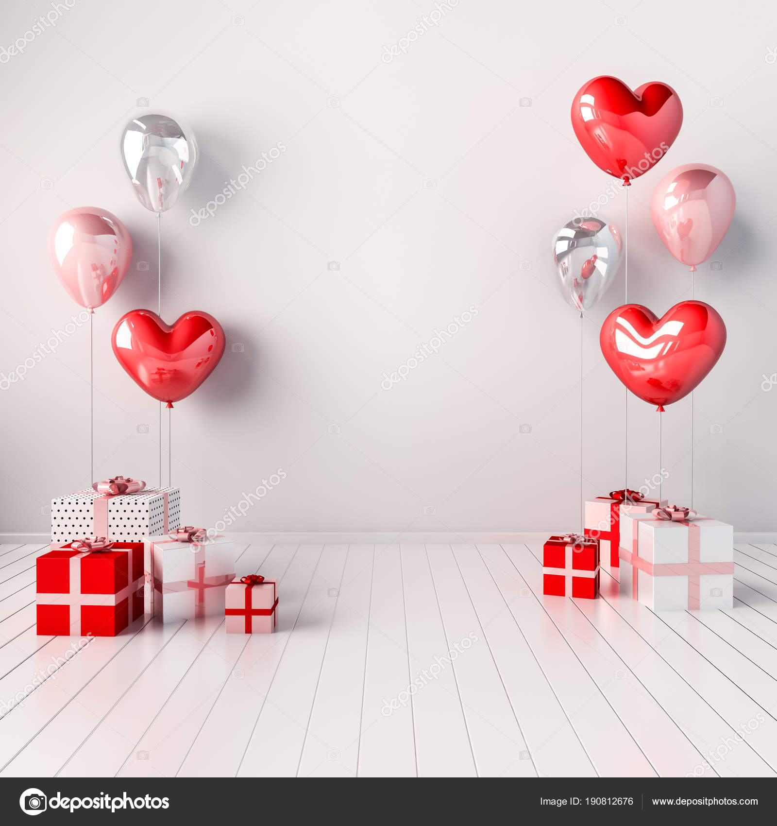 Rondsel hebben Pijnboom Interior Illustration Pink Red Heart Balloons Gift Boxes Glossy Composition  Stock Photo by ©anberization 190812676