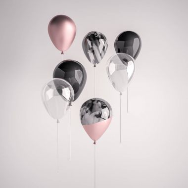Ayarla parlak siyah, şeffaf, pembe, siyah ve beyaz mermer 3d gerçekçi balon partisi için sopa, olaylar, sunu veya diğer promosyon afiş, poster.