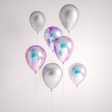 Gri arka plan üzerinde izole yanardönerlik holografik ve gümüş folyo balon kümesi. Doğum günü, tanıtım, promosyon, parti veya diğer olaylar için trendy gerçekçi tasarım 3d öğeleri.