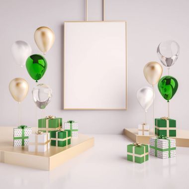 İç sahne yeşil ve altın hediye kutuları ve balon ile alay etmek. Doğum günü partisi veya promo posterler veya afiş için gerçekçi parlak 3d nesneler. Poster boyutu tasarım öğesi için boş alan.