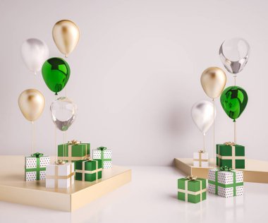 İç sahne yeşil ve altın hediye kutuları ve balon ile alay etmek. Doğum günü partisi veya promo posterler veya afiş için gerçekçi parlak 3d nesneler. Poster boyutu tasarım öğesi için boş alan.