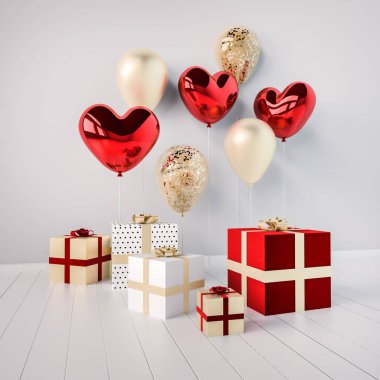 Hediye kutuları Balonlu kırmızı ve altın parlak 3d gerçekçi sopa ile kalp şeklinde. Sevgililer günü veya düğün günü romantik Temalar partisi, etkinlikler, sunu veya promosyon afiş, poster için.