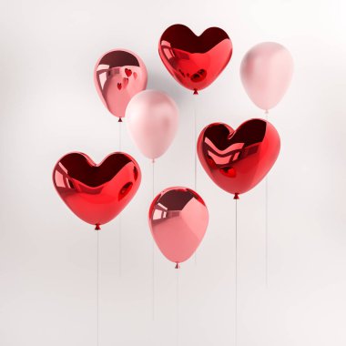 Kırmızı ve pembe parlak 3d gerçekçi balonlar sopa ile kalp şeklinde kümesi. Sevgililer günü veya düğün günü romantik Temalar partisi, etkinlikler, sunum, diğer promosyon afiş, poster için.