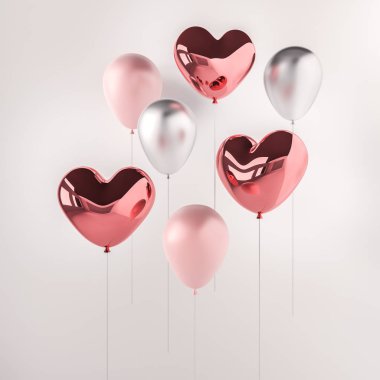 Pembe ve gümüş parlak 3d gerçekçi balonlar kalp şeklinde beyaz arka plan üzerinde kümesi. Sevgililer günü veya düğün günü romantik Temalar partisi, etkinlikler, sunu veya promosyon afiş, poster için.