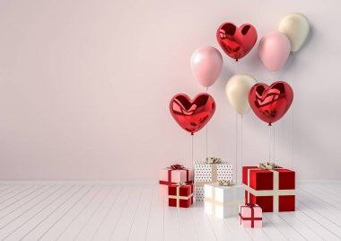 Kırmızı ve pembe parlak 3d gerçekçi balonlar sopa ile kalp şeklinde kümesi. Sevgililer günü veya düğün günü romantik arka plan partisi, etkinlikler, sunu veya promosyon afiş, poster için.