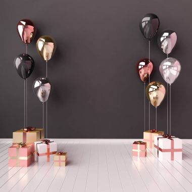 siyah, altın, gümüş ve gül altın balonlar ve hediye kutuları ile 3D iç illüstrasyon. Doğum günü, parti veya diğer promosyon sosyal medya afiş için boş alan ile parlak metalik kompozisyon.